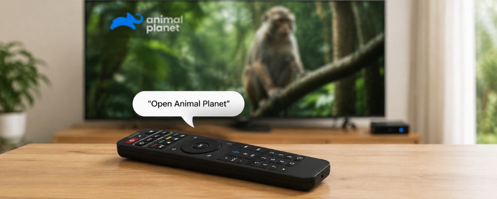 SuperBox S7 streaming device close-up showing voice command remote