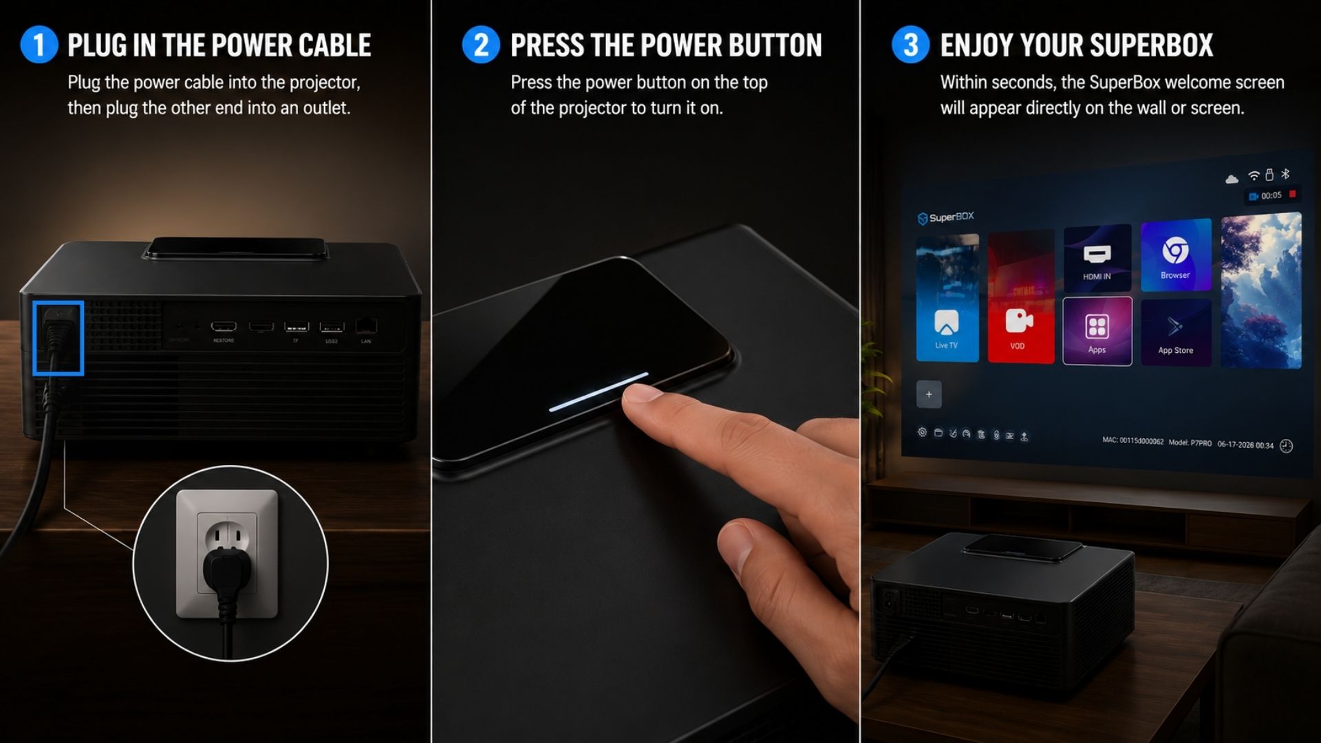 set up p7 pro projector how to turn it on
