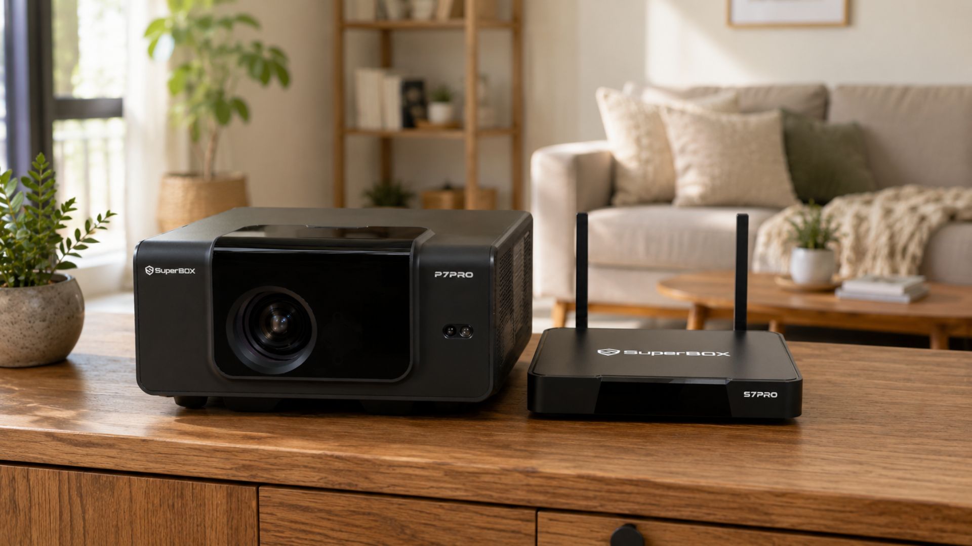 SuperBox P7 Pro projector and S7 Pro TV box side by side